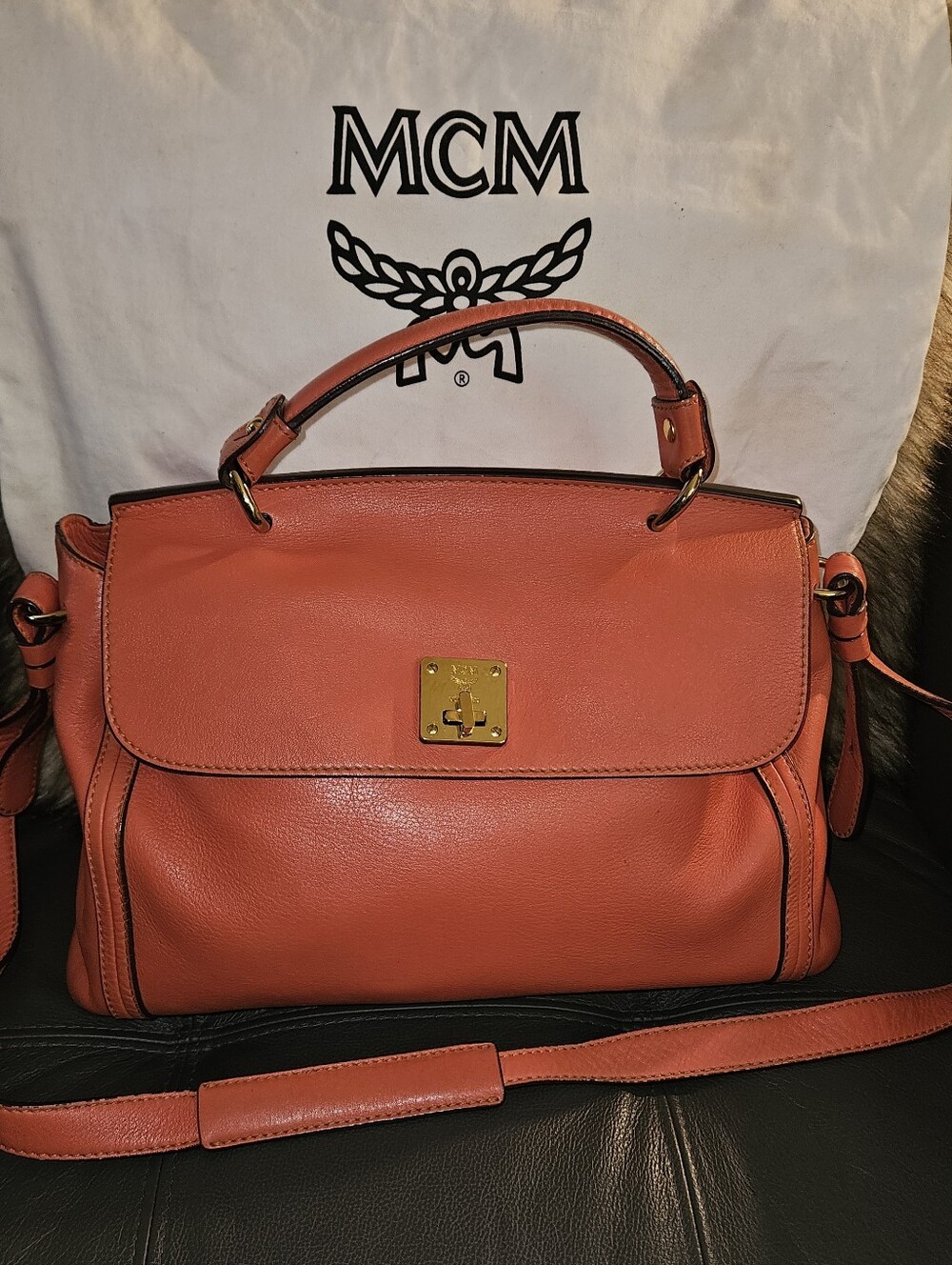 MCM Coral Orange Leather Top-Handle Satchel with Strap